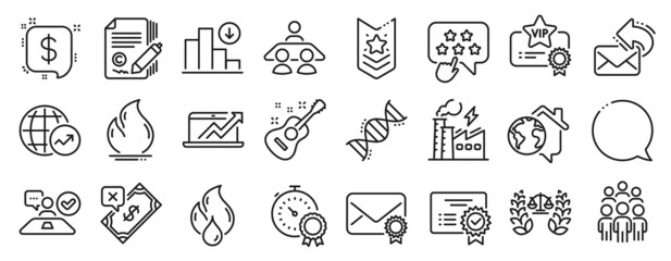 Set of Education icons, such as Interview job, Justice scales, Group people icons. Fire energy, Vip certificate, Best result signs. Work home, Chemistry dna, Guitar. Certificate. Vector