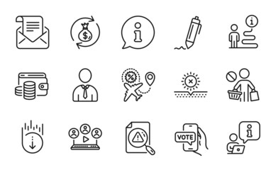 Business icons set. Included icon as Money exchange, Scroll down, Online voting signs. Mail newsletter, Video conference, Human symbols. Flight sale, Wallet money, Stop shopping. Signature. Vector