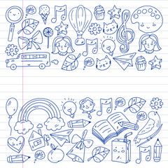 School, kindergarten with cute vector children. Creativity and imagination. Dancing, singing, painting, online education.