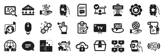 Set of Technology icons, such as Translation service, Video conference, Puzzle icons. House security, Carousels, Scroll down signs. Wind energy, Comments, Package box. Online access, Rfp. Vector