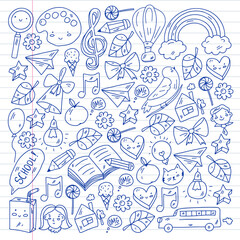 School, kindergarten with cute vector children. Creativity and imagination. Dancing, singing, painting, online education.