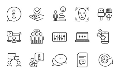 Technology icons set. Included icon as Best app, Employees group, Approved signs. Computer cables, Online question, Laptop password symbols. Face detection, Dots message, Dj controller. Vector