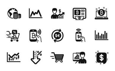Vector set of Money currency, Bitcoin pay and Phone payment icons simple set. Financial diagram, Presentation board and Bitcoin icons. Budget, Bar diagram and Business growth signs. Vector