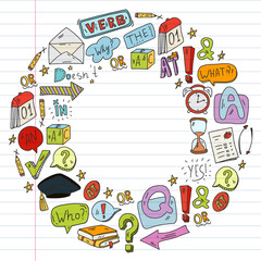 Doodle vector concept illustration of learning English language. English language courses. School. College. University.