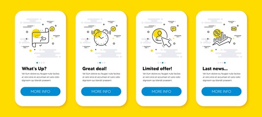 Fototapeta premium Vector set of Target path, User and Alarm clock line icons set. UI phone app screens with line icons. Loan percent icon. Business aim, Project manager, Time. Growth chart. Phone UI banners. Vector