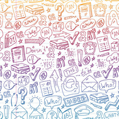 Doodle vector concept illustration of learning English language. English language courses. School. College. University.
