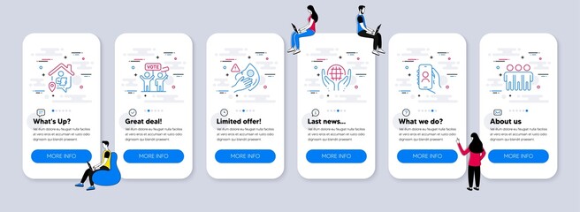 People icons set. UI phone app screens with teamwork. Included icon as Dirty mask, Voting campaign, User call signs. Work home, Organic tested, Friendship line icons. Vector