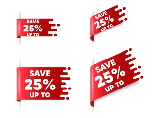 Save up to 25 percent. Red ribbon tag banners set. Discount Sale offer price sign. Special offer symbol. Discount sticker ribbon badge banner. Red sale label. Vector