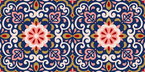 Azulejos ceramic tile design. Talavera tracery motif. Unique creative endless fill swatch. Portuguese, Spanish, Mexican, Brazilian folklore ornament. Ethnic style vector hand drawn seamless pattern.