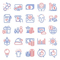 Business icons set. Included icon as Like, Lawyer, Santa hat signs. Currency, Health skin, Column chart symbols. Budget profit, Banking, Dry t-shirt. Ice cream, Safe time, World money. Vector