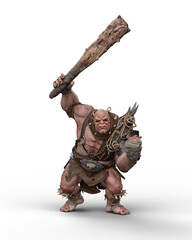 3D rendering of a large aggressive ogre in a battle pose with a huge club weapon iisolated on a white background.