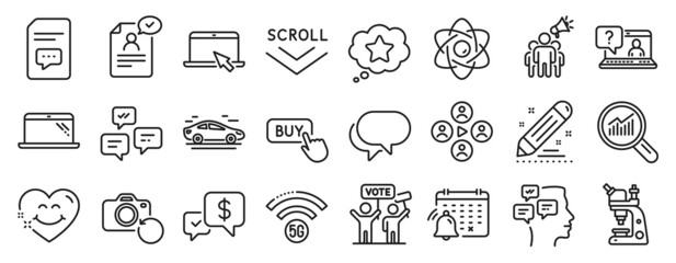 Set of Technology icons, such as Brand contract, Chat messages, Brand ambassador icons. Car, Resume document, Smile face signs. Video conference, Messages, Loyalty star. Recovery photo. Vector