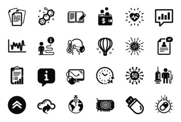Vector Set of Science icons related to Air balloon, Resume document and Capsule pill icons. Stock analysis, 24 hours and Medical vaccination signs. Feedback, Heartbeat and Usb stick. Gpu. Vector