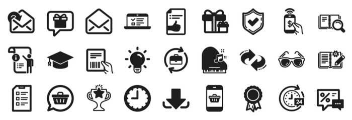 Set of simple icons, such as Parcel invoice, Wish list, Manual doc icons. Light bulb, Time, Victory signs. Checklist, Approved document, Receive mail. Surprise package, Discounts, Mail. Vector