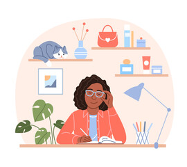 Attractive black woman writes diary concept. Young flat sitting afro girl portrait with pen in hand plans in organizer, draws creative pages or journal on home background. Cartoon vector illustration.