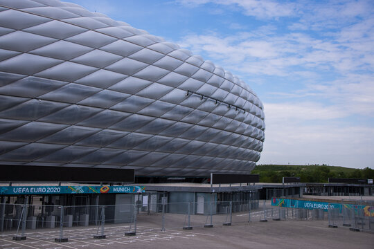 Famous Allianz Arena stadium in Munich - Home of famous soccer club FC Bayern Muenchen - MUNICH, GERMANY - JUNE 03, 2021 - MUNICH, GERMANY - JUNE 03, 2021