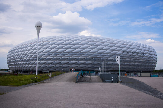 Famous Allianz Arena stadium in Munich - Home of famous soccer club FC Bayern Muenchen - MUNICH, GERMANY - JUNE 03, 2021 - MUNICH, GERMANY - JUNE 03, 2021