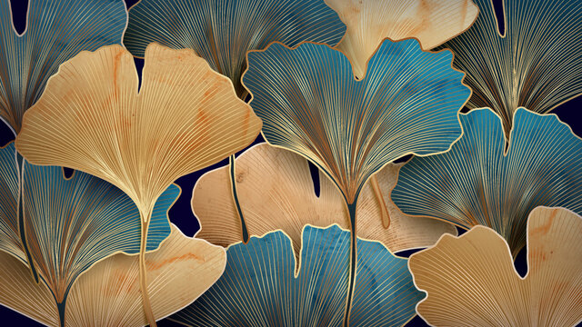 Fototapeta Art background with blue and gold ginkgo leaves for textile decoration, packaging or web banner