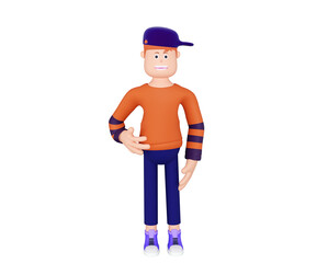 Cartoon character is a teenager dressed in an orange sweater and a cap, 3d render. Young cartoon character, a student or a schoolboy, isolated on a white background.