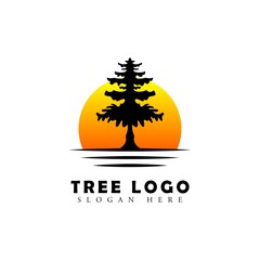 tree logo in vintage style. tree and sunrise concept logo