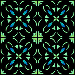Azulejo watercolor seamless pattern. Traditional Portuguese ceramic tiles. Hand drawn abstract background. Watercolor artwork for textile, wallpaper, print, swimwear design. Black azulejo pattern.