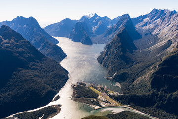 Milford Sound, Harrison and Bowen Valleys, Mitre Peak at left, Fiordland National Park