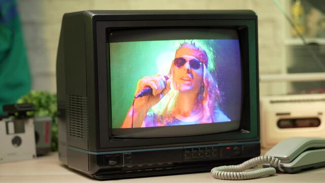 80s 90s Retro Singer Performing on a Vintage TV CRT