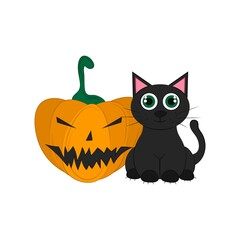  black cat with pumpkin isolated on a white background. object for Halloween. Vector flat illustration. Holiday symbols. 