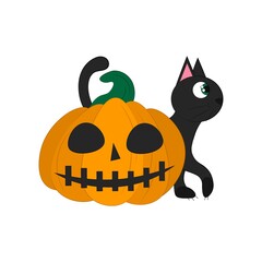  black cat with pumpkin isolated on a white background. object for Halloween. Vector flat illustration. Holiday symbols. 