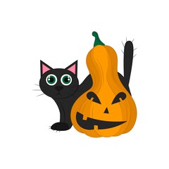  black cat with pumpkin isolated on a white background. object for Halloween. Vector flat illustration. Holiday symbols. 