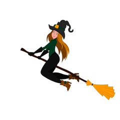 witch on a broomstick isolated on white background. Vector flat illustration. Halloween attribute.  Vector cartoon illustration with sexy female character