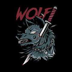 angry wolf head stabbed with sword illustration