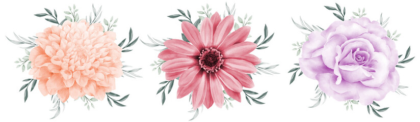  Flower bouquet watercolor set design element isolated on white background