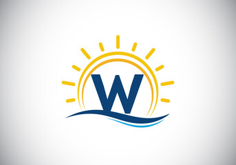 Initial W monogram alphabet with abstract sun and wave. Ocean sun logo design. Font emblem. Modern vector logo for business, and company identity