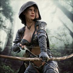 Portrait of a fantasy female Ranger standing ready watching her target from a distance wearing leather armor , hooded cloak and equipped with a bow. 3d rendering with a forest background  © Digital Storm