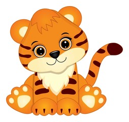 Cute Cartoon Baby Tiger Sitting. Vector Tiger