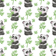 watercolor panda with bamboo seamless pattern