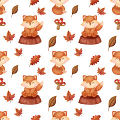 Autumnal seamless pattern with cute foxes .