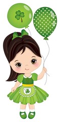 Cute Little Girl Celebrating St. Patrick Day Holding Green Air Balloons with Shamrock. Vector Saint Patrick Day