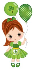 Cute Little Girl Celebrating St. Patrick Day Holding Green Air Balloons with Shamrock. Vector Saint Patrick Day