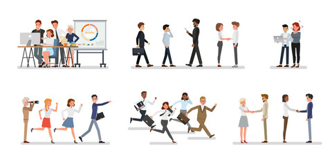 Set of Business office connection working concept. Businessmen and businesswomen character vector design. Presentation in various action with emotions, running, standing and walking.
