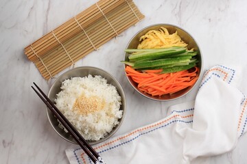 Top View Preparation Ingredient Making Gimbap (Korean Roll Rice). White Rice (Bap) with Nori...