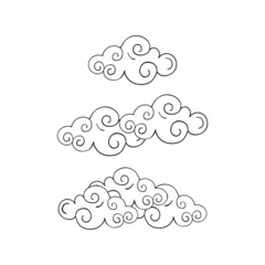 Cloud icon. Linear hand drawing white cloud, clipart about weather, rain, Chinese style. Vector sketch, flat illustration isolated on white background.
