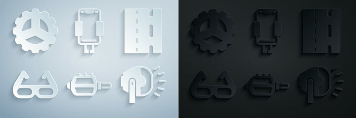 Set Bicycle pedal, lane, Sport cycling sunglasses, head lamp, Mobile holder and sprocket crank icon. Vector