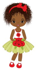 Beautiful Cute African American Girl Holding Bouquet of Red Poppies. Vector Black Girl with Poppies