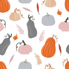 Seamless pattern with pumpkins, autumn leaves and twigs on a white background, colored pumpkins, a set of pumpkins, hello cozy autumn, hygge, cartoon illustration, vector drawing