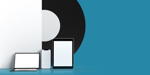 Computer notebook tablet smartphone mobile laptop technology digital online network symbol dj play listen look musician sound boardcast video live singer record media producer entertainment.3d render