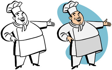 A vintage retro cartoon of a chef in his uniform gesturing to the right. 