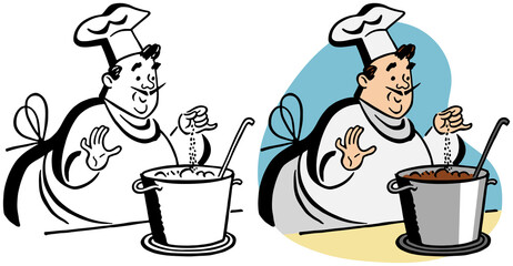 A vintage retro cartoon of a chef in his uniform seasoning a pot of soup. 