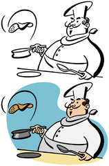 A vintage retro cartoon of a chef flipping a pancake in a skillet. 